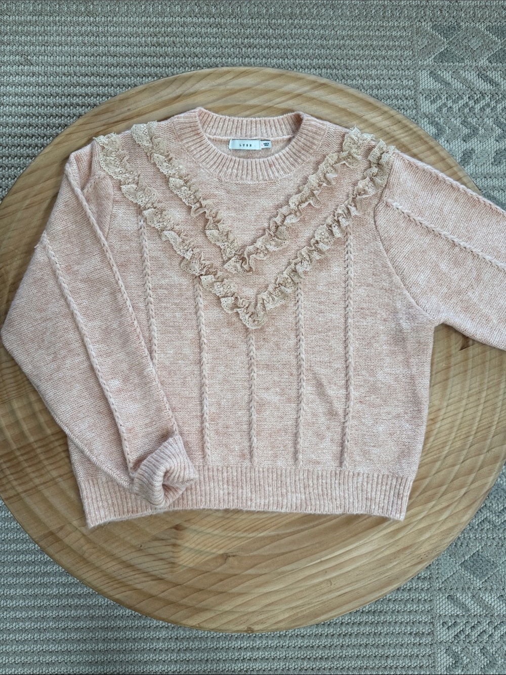 NWOT LUSH Soft Pink Ruffle Cable Knit Sweater
